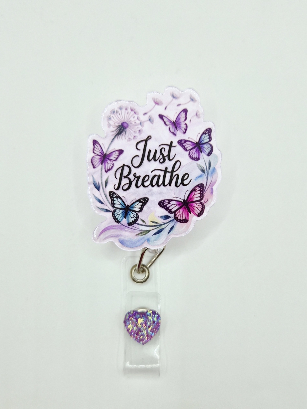 Just Breathe Butterfly Retractable Badge Reel-Belt Clip Purple Pink Blue